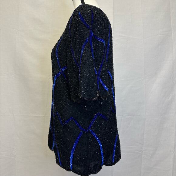 Vintage Scala Black and Blue Sequin Beaded Silk Top 
– Size XL - Picture 3 of 7
